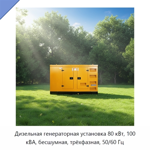 Дизельная генераторная установка 80 кВт, 100 кВА, бесшумная, трёхфазная, 50/60 Гц