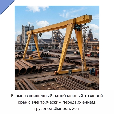 Взрывозащищённый однобалочный козловой кран с электрическим передвижением, грузоподъёмность 20 т