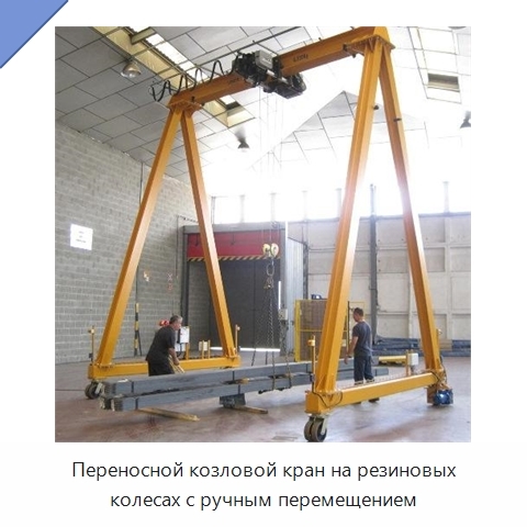 Переносной козловой кран на резиновых колесах с ручным перемещением