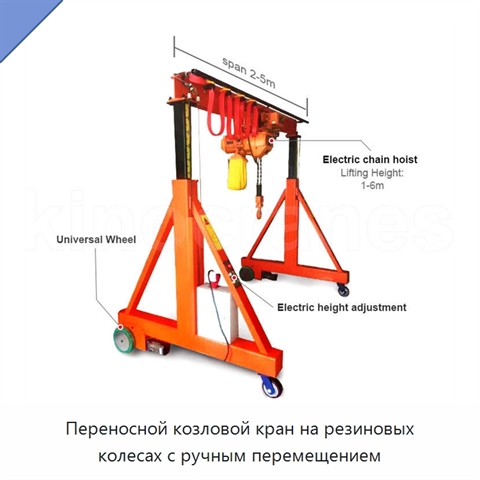Переносной козловой кран на резиновых колесах с ручным перемещением