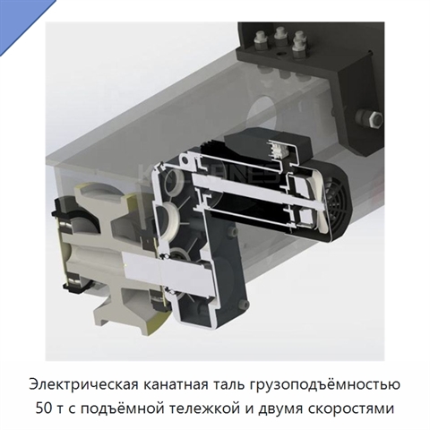 Электрическая канатная таль грузоподъёмностью 50 т с подъёмной тележкой и двумя скоростями