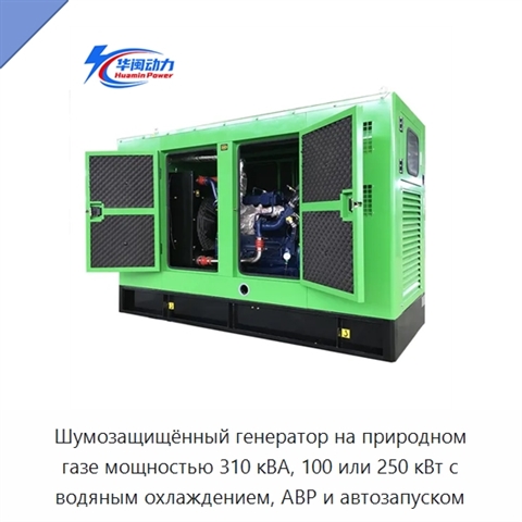 Шумозащищённый генератор на природном газе мощностью 310 кВА, 100 или 250 кВт с водяным охлаждением, АВР и автозапуском
