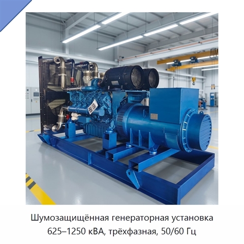 Шумозащищённая генераторная установка 625–1250 кВА, трёхфазная, 50/60 Гц