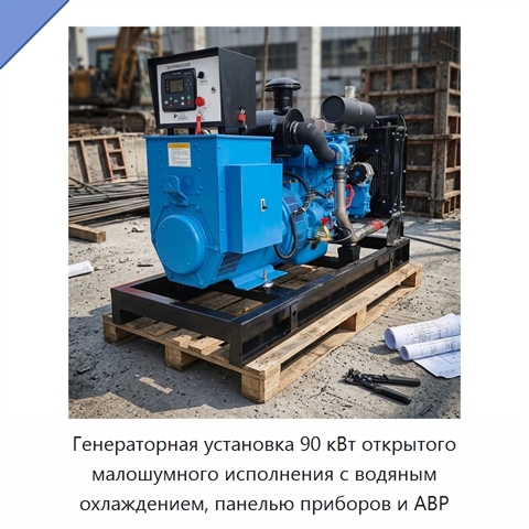 Генераторная установка 90 кВт открытого малошумного исполнения с водяным охлаждением, панелью приборов и АВР