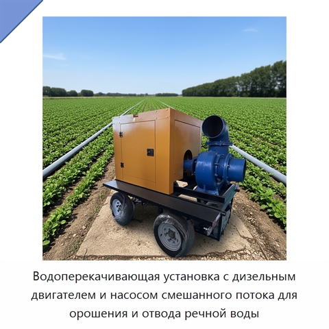 Водоперекачивающая установка с дизельным двигателем и насосом смешанного потока для орошения и отвода речной воды