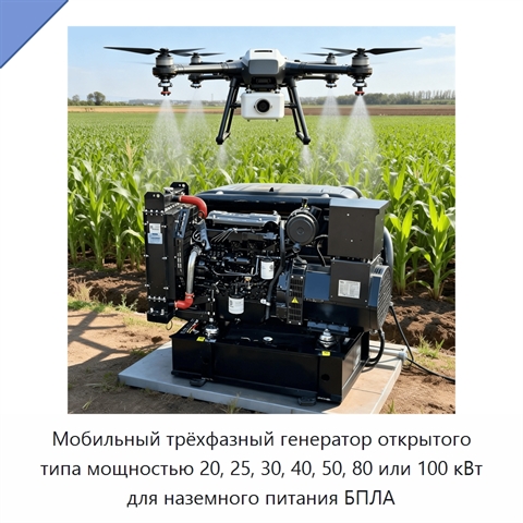 Мобильный трёхфазный генератор открытого типа мощностью 20, 25, 30, 40, 50, 80 или 100 кВт для наземного питания БПЛА