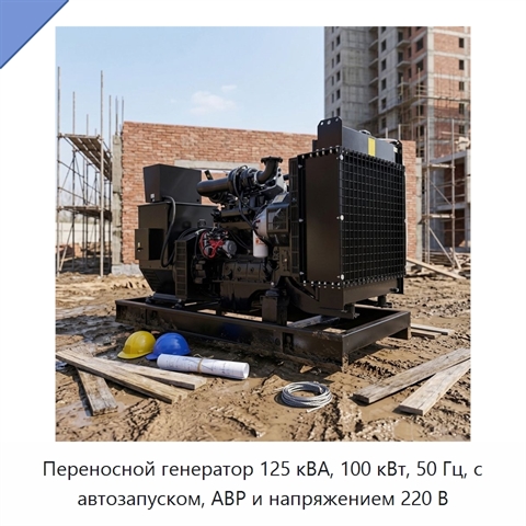 Переносной генератор 125 кВА, 100 кВт, 50 Гц, с автозапуском, АВР и напряжением 220 В