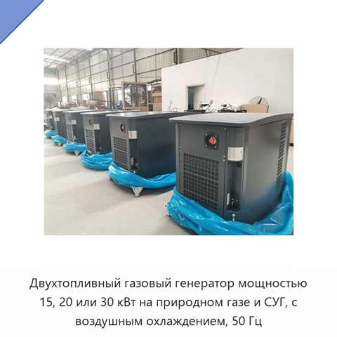 Двухтопливный газовый генератор мощностью 15, 20 или 30 кВт на природном газе и СУГ, с воздушным охлаждением, 50 Гц