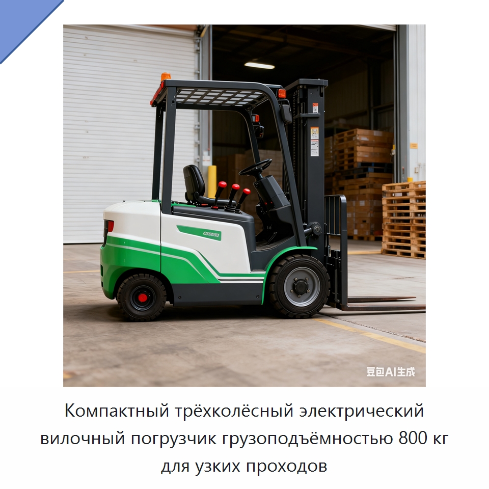 Компактный трёхколёсный электрический вилочный погрузчик грузоподъёмностью 800 кг для узких проходов — Вилочные погрузчики
