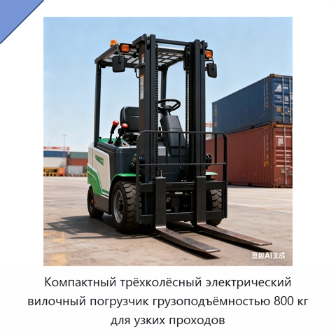Компактный трёхколёсный электрический вилочный погрузчик грузоподъёмностью 800 кг для узких проходов