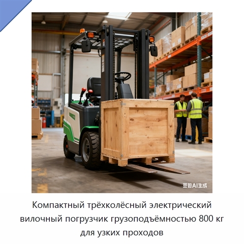 Компактный трёхколёсный электрический вилочный погрузчик грузоподъёмностью 800 кг для узких проходов