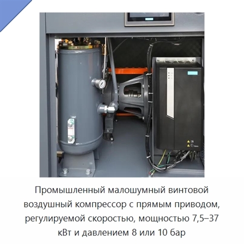 Промышленный малошумный винтовой воздушный компрессор с прямым приводом, регулируемой скоростью, мощностью 7,5–37 кВт и давлением 8 или 10 бар