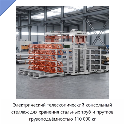 Электрический телескопический консольный стеллаж для хранения стальных труб и прутков грузоподъёмностью 110 000 кг