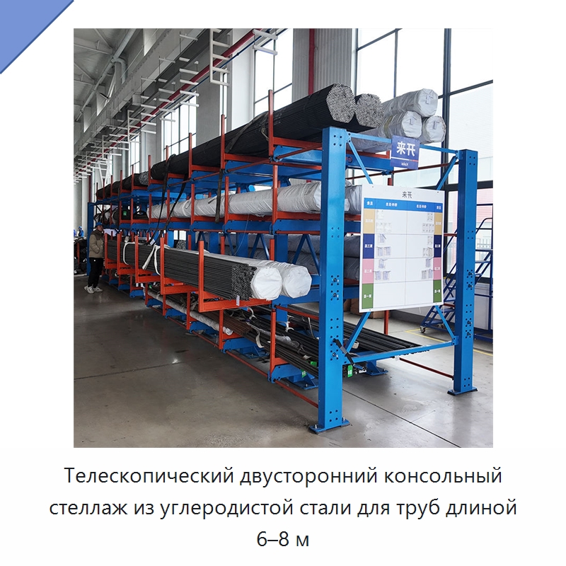 Телескопический двусторонний консольный стеллаж из углеродистой стали для труб длиной 6–8 м — Консольные стеллажи