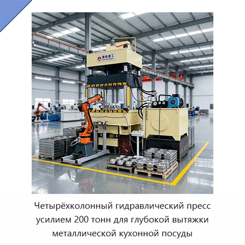 Четырёхколонный гидравлический пресс усилием 200 тонн для глубокой вытяжки металлической кухонной посуды