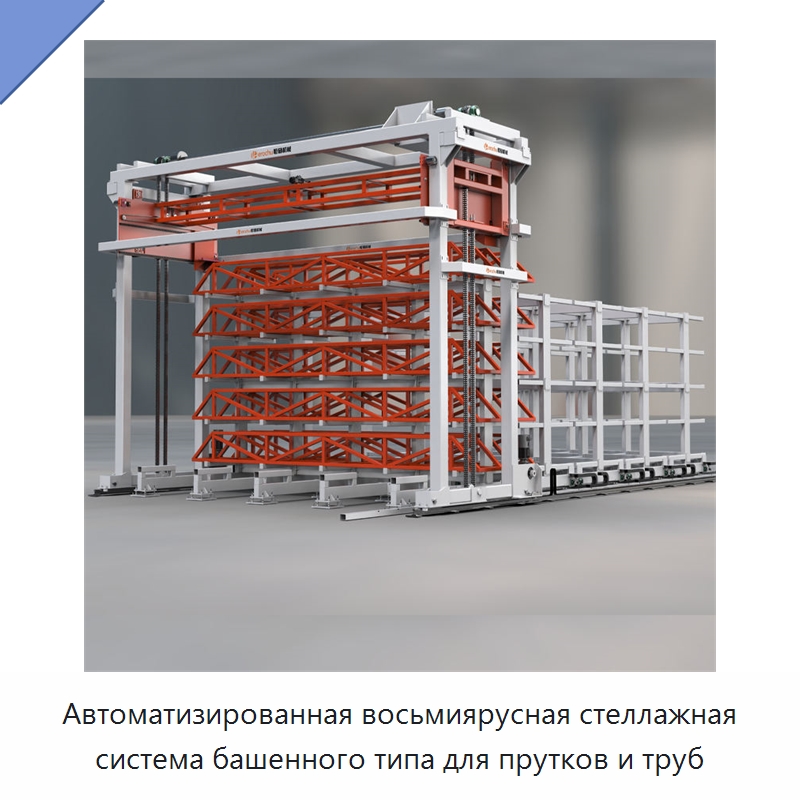 Автоматизированная восьмиярусная стеллажная система башенного типа для прутков и труб