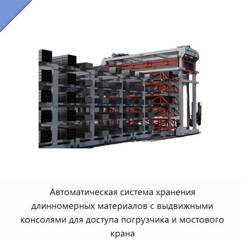 Автоматическая система хранения длинномерных материалов с выдвижными консолями для доступа погрузчика и мостового крана