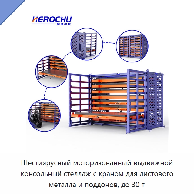 Шестиярусный моторизованный выдвижной консольный стеллаж с краном для листового металла и поддонов, до 30 т — Штабелируемые стеллажи и полки