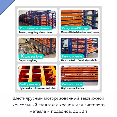 Шестиярусный моторизованный выдвижной консольный стеллаж с краном для листового металла и поддонов, до 30 т