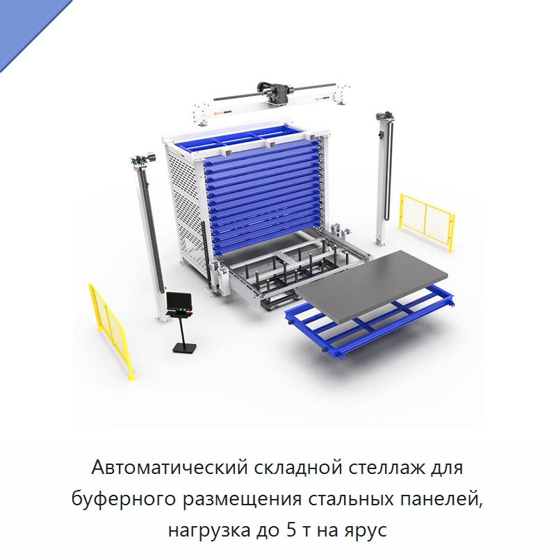 Автоматический складной стеллаж для буферного размещения стальных панелей, нагрузка до 5 т на ярус — Штабелируемые стеллажи и полки