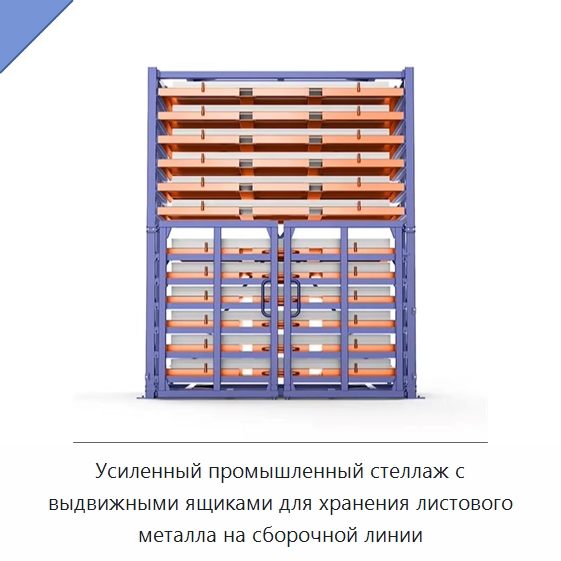 Усиленный промышленный стеллаж с выдвижными ящиками для хранения листового металла на сборочной линии — Сборочные линии
