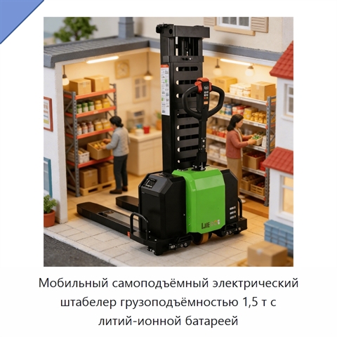 Мобильный самоподъёмный электрический штабелер грузоподъёмностью 1,5 т с литий-ионной батареей