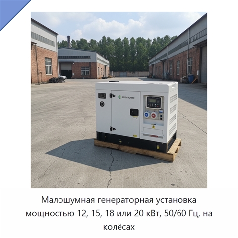 Малошумная генераторная установка мощностью 12, 15, 18 или 20 кВт, 50/60 Гц, на колёсах