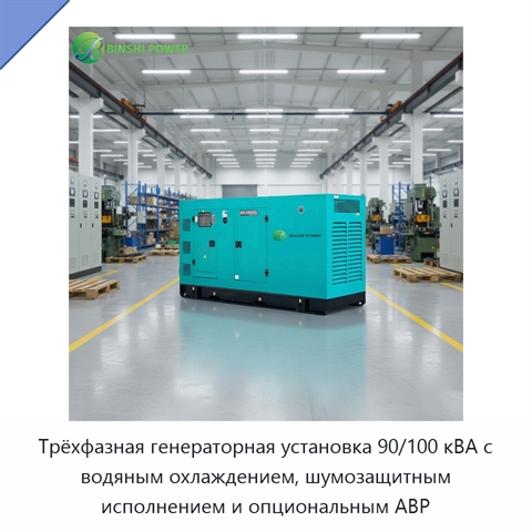 Трёхфазная генераторная установка 90/100 кВА с водяным охлаждением, шумозащитным исполнением и опциональным АВР