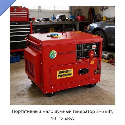 Портативный малошумный генератор 3–6 кВт, 10–12 кВ·А