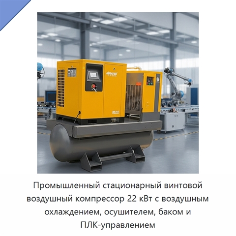 Промышленный стационарный винтовой воздушный компрессор 22 кВт с воздушным охлаждением, осушителем, баком и ПЛК-управлением