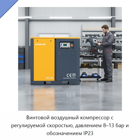 Винтовой воздушный компрессор с регулируемой скоростью, давлением 8–13 бар и обозначением IP23