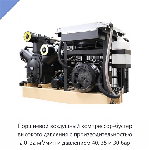 Поршневой воздушный компрессор-бустер высокого давления с производительностью 2,0–32 м³/мин и давлением 40, 35 и 30 бар