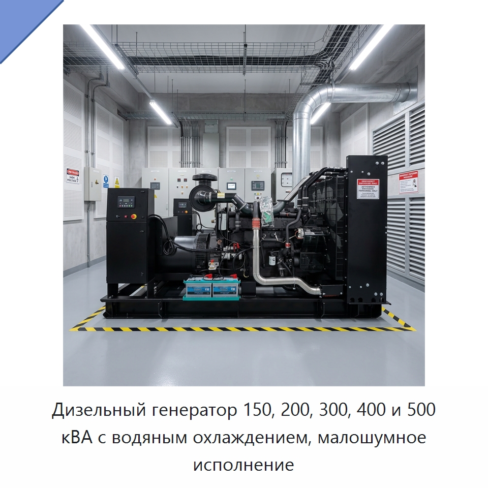 Дизельный генератор 150, 200, 300, 400 и 500 кВА с водяным охлаждением, малошумное исполнение — Дизельные генераторы