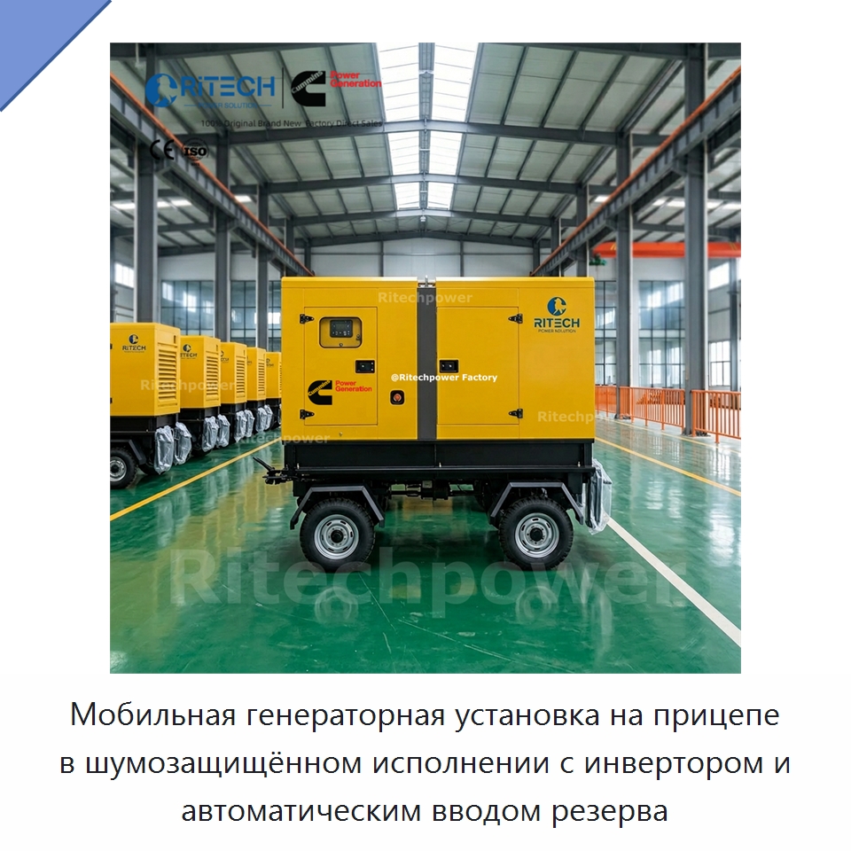 Мобильная генераторная установка на прицепе в шумозащищённом исполнении с инвертором и автоматическим вводом резерва — Дизельные генераторы