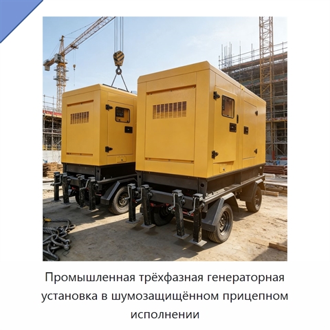 Промышленная трёхфазная генераторная установка в шумозащищённом прицепном исполнении