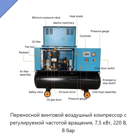 Переносной винтовой воздушный компрессор с регулируемой частотой вращения, 7,5 кВт, 220 В, 8 бар