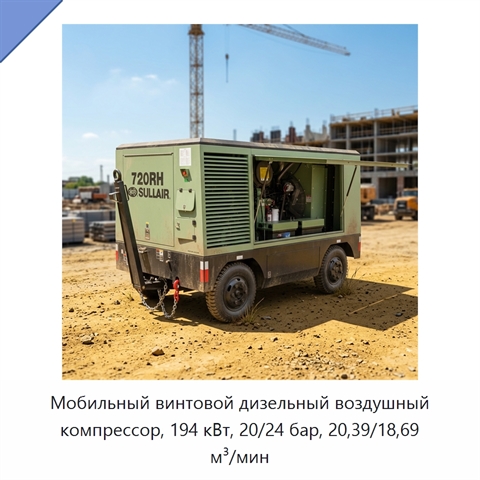Мобильный винтовой дизельный воздушный компрессор, 194 кВт, 20/24 бар, 20,39/18,69 м³/мин