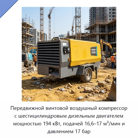 Передвижной винтовой воздушный компрессор с шестицилиндровым дизельным двигателем мощностью 194 кВт, подачей 16,6–17 м³/мин и давлением 17 бар