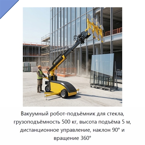 Вакуумный робот-подъёмник для стекла, грузоподъёмность 500 кг, высота подъёма 5 м, дистанционное управление, наклон 90° и вращение 360°
