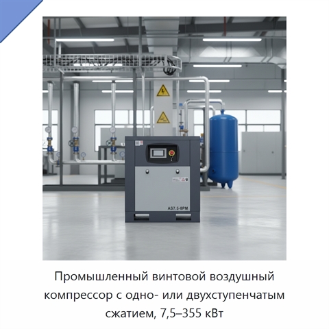 Промышленный винтовой воздушный компрессор с одно- или двухступенчатым сжатием, 7,5–355 кВт