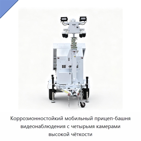Коррозионностойкий мобильный прицеп-башня видеонаблюдения с четырьмя камерами высокой чёткости