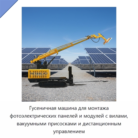 Гусеничная машина для монтажа фотоэлектрических панелей и модулей с вилами, вакуумными присосками и дистанционным управлением
