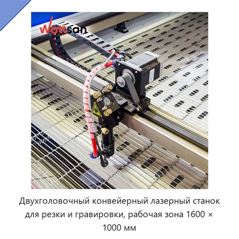 Двухголовочный конвейерный лазерный станок для резки и гравировки, рабочая зона 1600 × 1000 мм