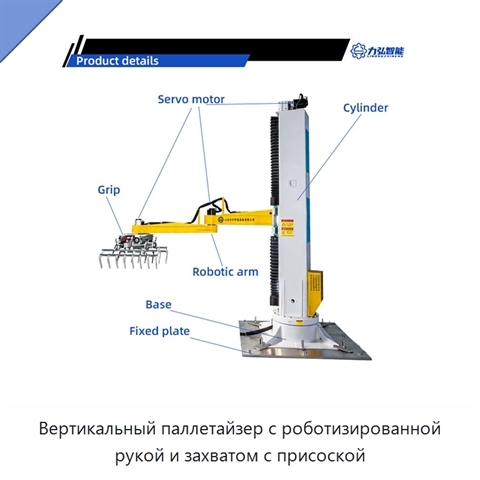 Вертикальный паллетайзер с роботизированной рукой и захватом с присоской