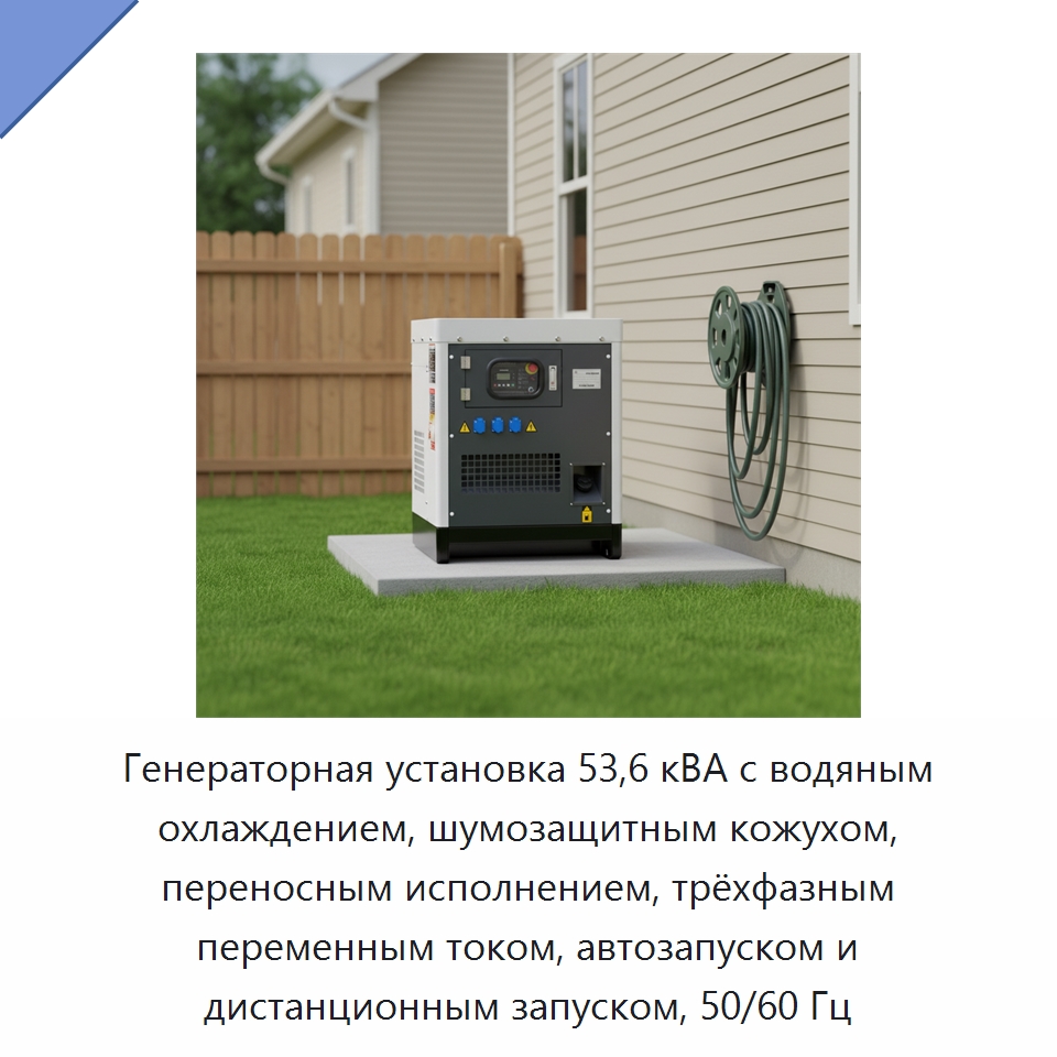 Генераторная установка 53,6 кВА с водяным охлаждением, шумозащитным кожухом, переносным исполнением, трёхфазным переменным током, автозапуском и дистанционным запуском, 50/60 Гц — Дизельные генераторы