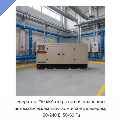Генератор 250 кВА открытого исполнения с автоматическим запуском и контроллером, 120/240 В, 50/60 Гц