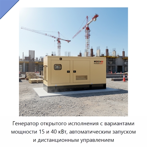 Генератор открытого исполнения с вариантами мощности 15 и 40 кВт, автоматическим запуском и дистанционным управлением