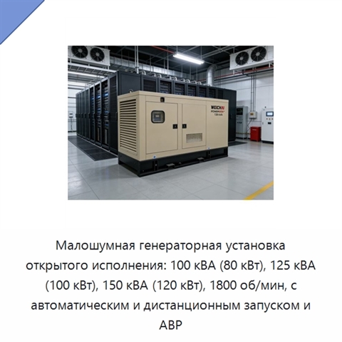 Малошумная генераторная установка открытого исполнения: 100 кВА (80 кВт), 125 кВА (100 кВт), 150 кВА (120 кВт), 1800 об/мин, с автоматическим и дистанционным запуском и АВР