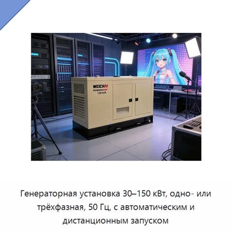 Генераторная установка 30–150 кВт, одно- или трёхфазная, 50 Гц, с автоматическим и дистанционным запуском
