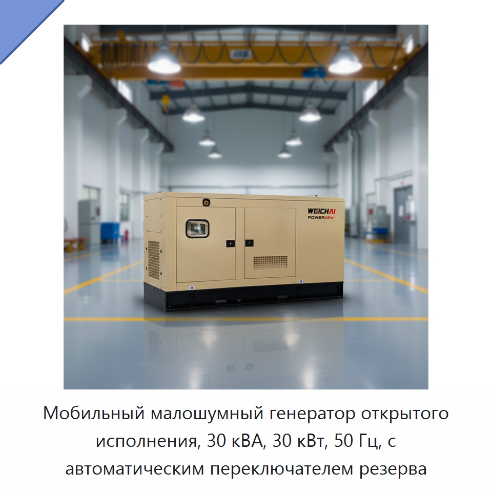 Мобильный малошумный генератор открытого исполнения, 30 кВА, 30 кВт, 50 Гц, с автоматическим переключателем резерва — Дизельные генераторы